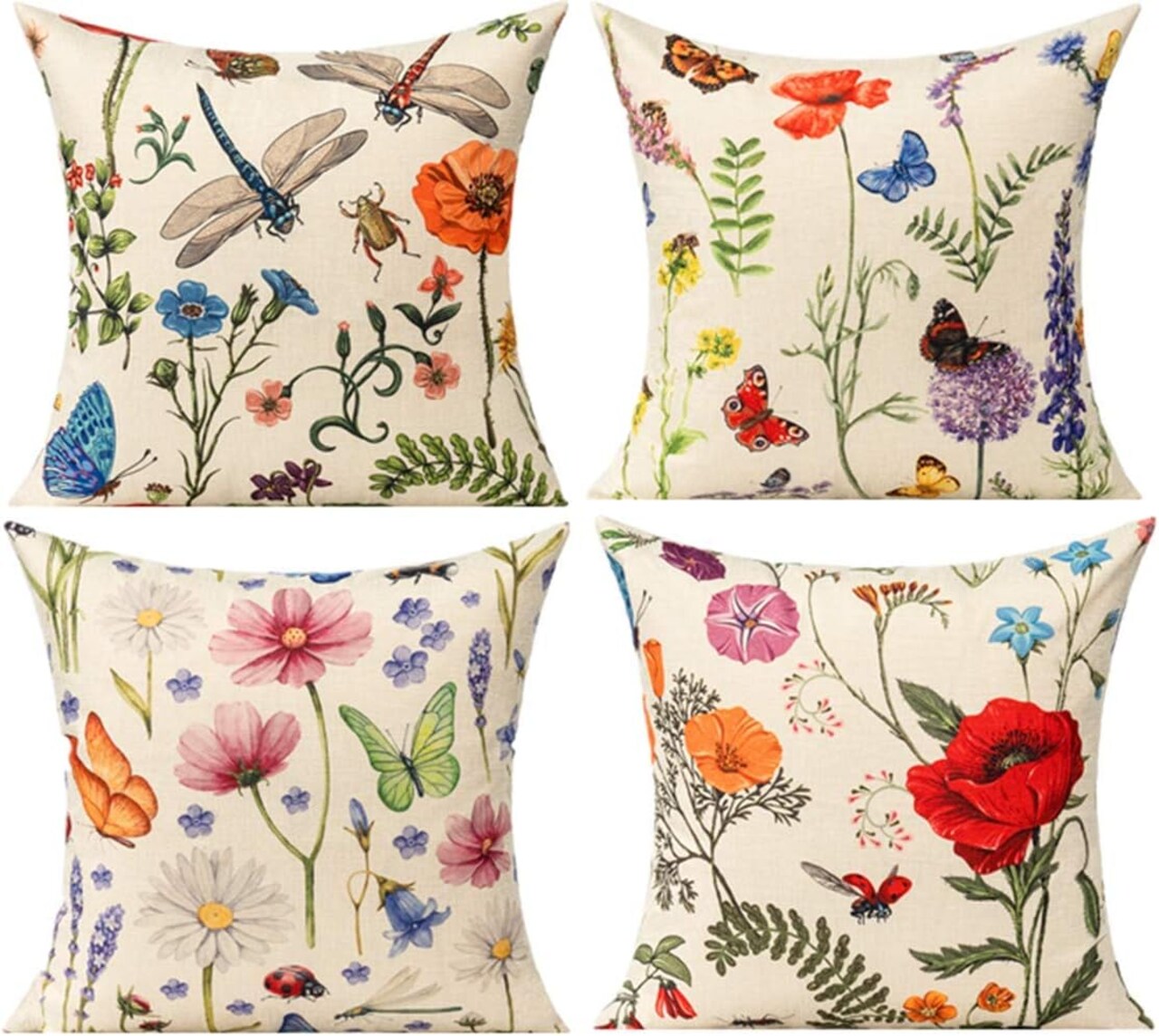 Throw Pillow Covers 18x18 Set of 4 Spring Summer Garden Flowers Farmhouse Décor Outside Furniture Bench Chair Decorative Cushion Cases for Swing Deep Seat Bed Couch Sofa